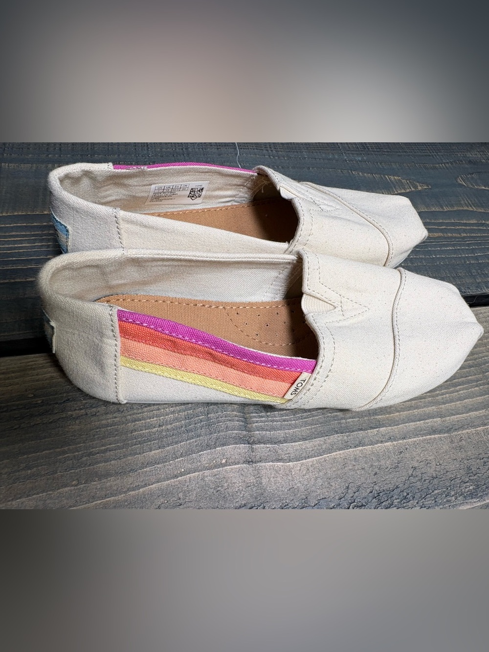 NWOT Toms Ivory Canvas Slip-On with Pink, Orange & Yellow Stripes